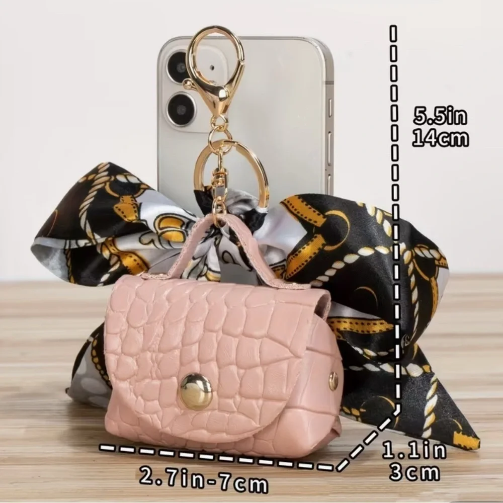 Pink Croc-Embossed Mini Bag with Scarf - Keychain or Bag Charm